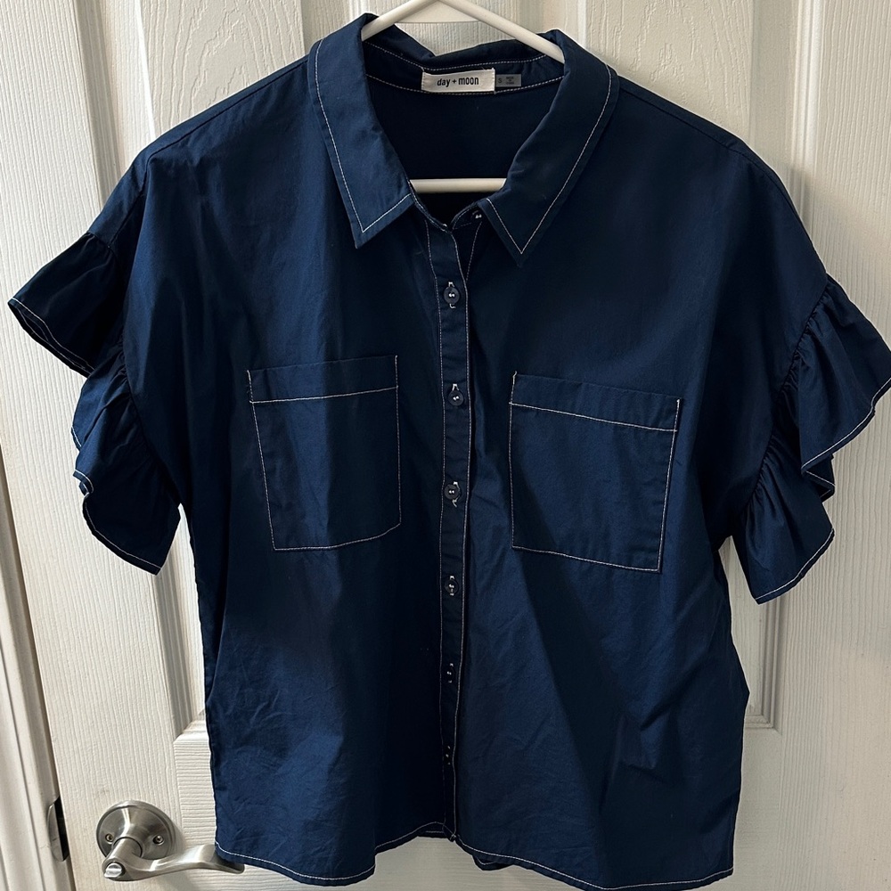 Day + Moon Navy Ruffle Sleeve Button-Up Shirt